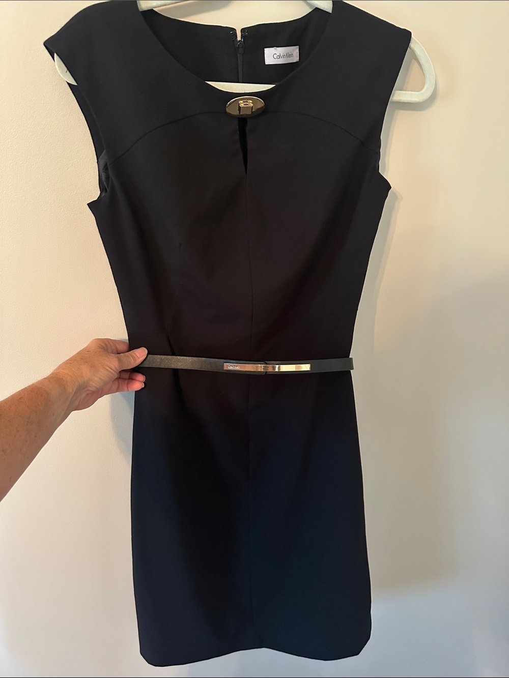 Calvin Klein Black Sleeveless Sheath Dress with Metallic Accent Belt